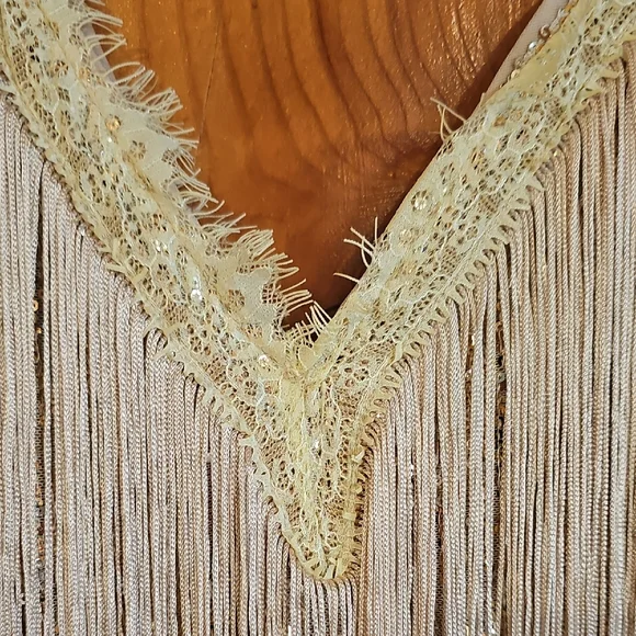 Gold and Cream Fringe Mini Flapper 40s Style Evening Dress - Picture 6 of 12